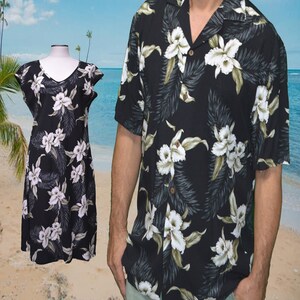 Matching Hawaiian Outfits for Couples – White Orchid Aloha Shirt & Dress – Ky's Made in Hawaii – Luau, Cruise, or Anniversary Gift