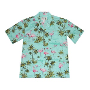 Ky&#39;s Handmade Hawaiian Shirt Pink Flamingo Island – Premium Cotton Aloha Shirt Made in Hawaii – Tropical Floral Camp Collar Shirt
