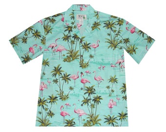 Ky&#39;s Handmade Hawaiian Shirt Pink Flamingo Island – Premium Cotton Aloha Shirt Made in Hawaii – Tropical Floral Camp Collar Shirt