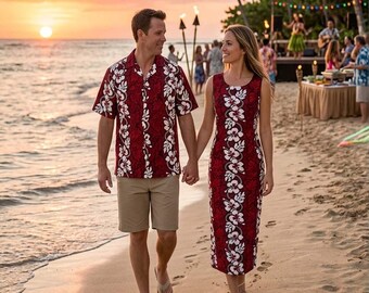 Hawaiian Couple Matching Outfits | Honeymoon Set Men Shirt & Women Long Dress | Made in Hawaii KY’S® Beach Wedding Vacation Wear