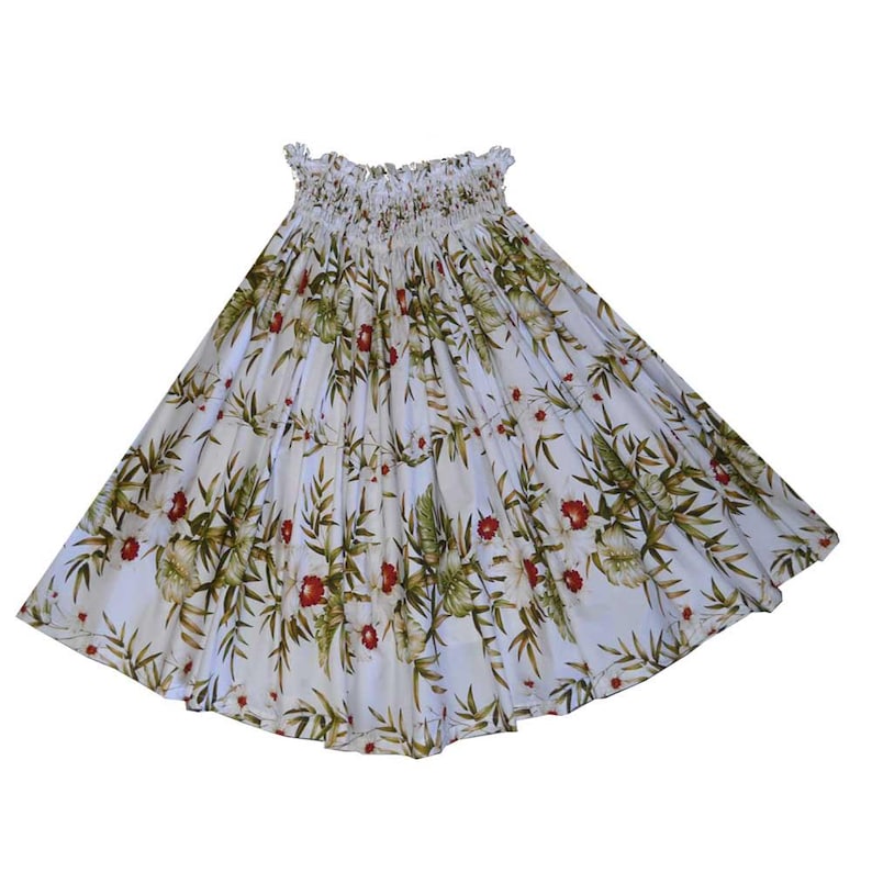 Pa'u Hula Skirt with Tropical Print | Hawaiian Hula Skirt Handmade in Hawaii | Perfect for Hula Dance | Ky's Hawaiian Shirts SK-456W- WHITE