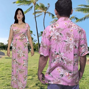Elegance Hawaiian Dress with Orchid Print | Matching Couples Hawaiian Outfits | Party Shirt & Dress Set | Handmade Gift from Hawaii, USA