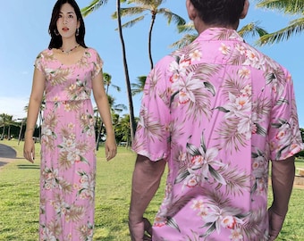 Elegant hawaiiansk klänning med orkidétryck | Matchande hawaiianska outfits för par | Festskjorta och klänningsset | Handgjord present från Hawaii, USA