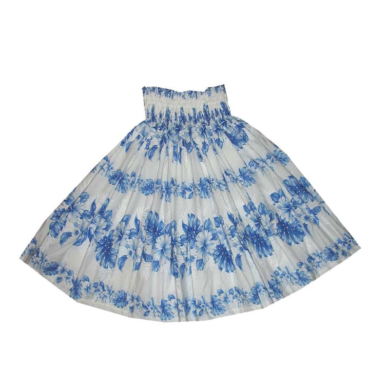 Pa'u Hula Skirt with Tropical Print | Hawaiian Hula Skirt Handmade in Hawaii | Perfect for Hula Dance | Ky's Hawaiian Shirts SK-434WN- WHITE
