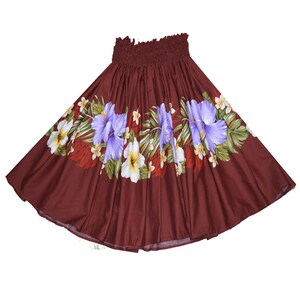 May include: A maroon hula skirt with a floral print featuring purple and white flowers. The skirt has a gathered elastic waistband.