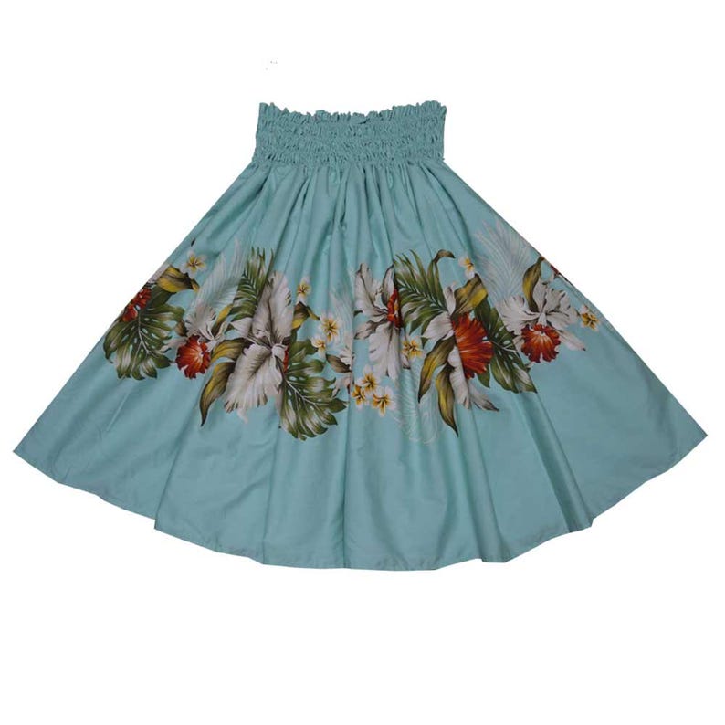 May include: A light blue hula skirt with a floral print featuring white flowers, green leaves, and red accents.