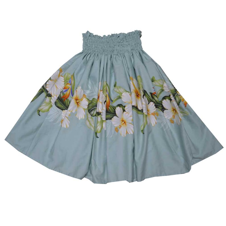 May include: A light blue hula skirt with a white hibiscus flower print. The skirt has an elastic waistband and a flowing, full skirt.