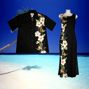 Tenues de couple assorties 100 % faites à la main à Hawaï États-Unis Robe débardeur d'été et chemise Aloha assorties pour couple Tenues familiales assorties image 1