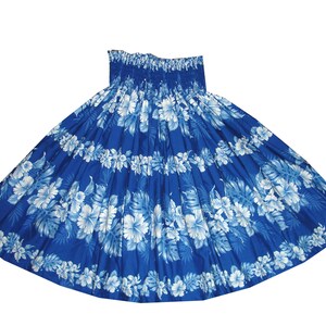 May include: A blue hula skirt with a white floral print. The skirt has an elastic waistband and is made of a lightweight fabric.