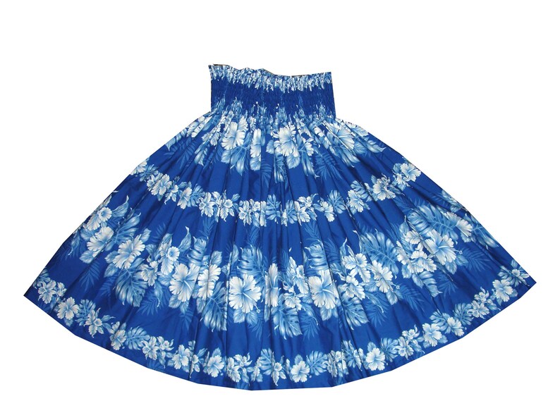May include: A blue hula skirt with a white floral print. The skirt has an elastic waistband and is made of a lightweight fabric.