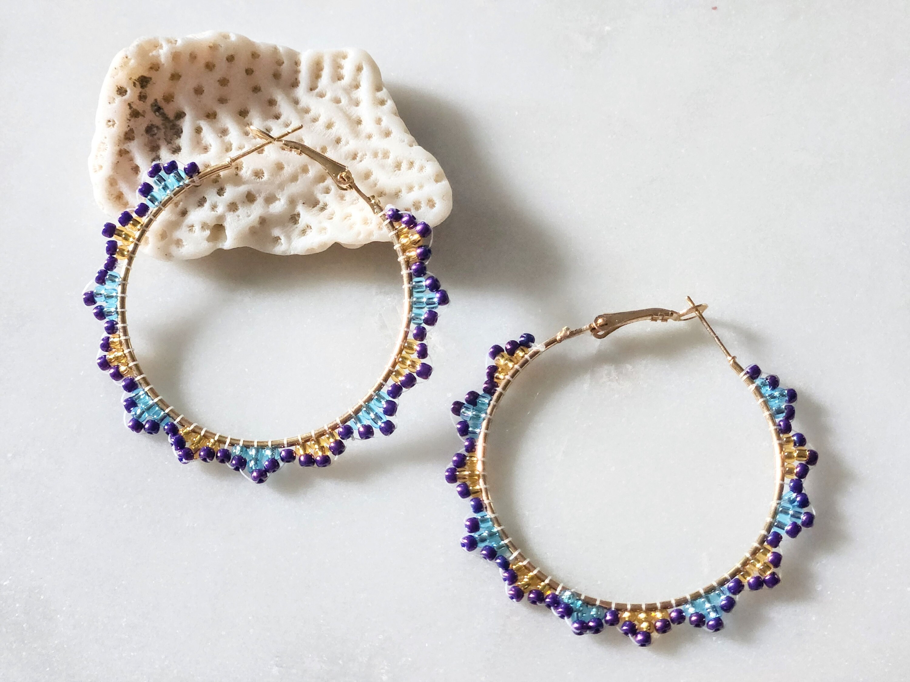 Boho Beaded Hoop Earrings/seed Bead Hoop Earrings/40mm Gold Hoops ...