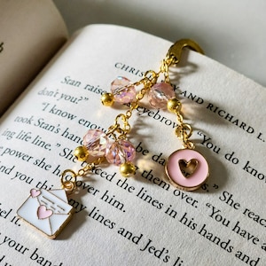 Metal Love Letter Bookmark, Metal Bookmark with Charms, Beaded Bookmark, Pink and Gold Bookmark, Back to School, Daughter Gifts