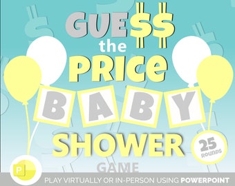 Devinez le prix Jeu de saupoudrage de fête prénatale pour garçon et fille | Virtuel en personne | Jeu de quiz de fête | Jeu-questionnaire PowerPoint | Zoom