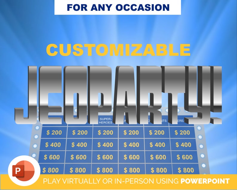 ANPASSNINGSBAR JeoParty-spelmall - Familje Jeopardy Trivia PowerPoint-spel - PC Mac iPad-kompatibel - Roligt virtuellt partyspel - Spelkväll bild 1