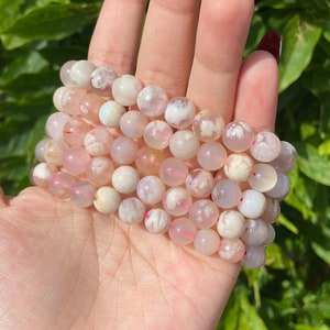 Flower Agate Bracelet | Pink Flower Agate Crystal Bracelet | Flower Agate Jewelry | 10 mm Crystal Bracelet | Flower Agate Elastic Bracelet