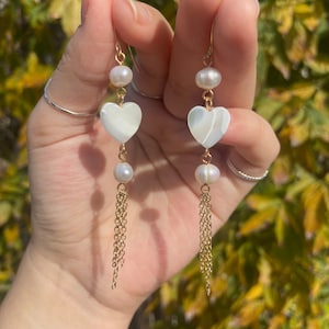 Pearl Heart Dangle Earrings | Iridescent Pearl Earrings | Heart Earrings | Valentines Day Earrings | Gold Pearl Jewelry | Silver Earrings