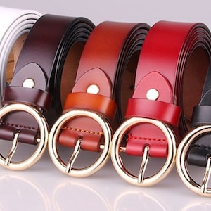 Round Buckle Belt, Real Leather Belt, Choice of 5 Colours, Fashion Belt, Retro Leather Belt, Womens Belt, Casual Belt, Genuine Leather