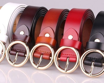 Round Buckle Belt, Real Leather Belt, Choice of 5 Colours, Fashion Belt, Retro Leather Belt, Womens Belt, Casual Belt, Genuine Leather