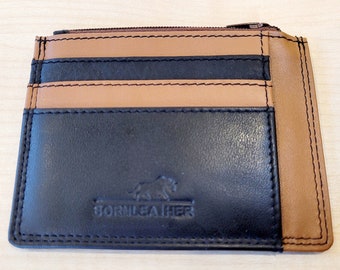 Two Tone Brown Leather Card Holder: Slim Wallet with Zip Pocket