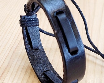 Black Cowhide Leather Bracelet: Adjustable Unisex Cord