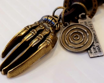 Skeleton Hand Keychain, Real Leather, Skeleton Key Ring, Gothic Keychain, Sturdy Metal Clasp, Leather Key Fob, Halloween Keychain