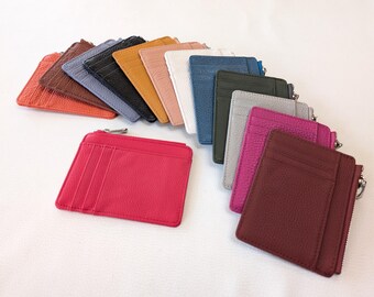 【CHRISTINE PROJECT】Zipper Coin Card Wallet 3colors Vegan Leather Zip Card Holder With Keychain, Secure Zip