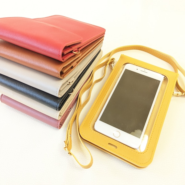 Mobile Phone Bag, Vegan Leather, Clear Perspex Touchscreen Window, Phone Shoulder Bag, Crossbody Phone Bag, Cellphone Bag, Multi Colours