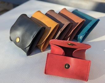 Porte-monnaie en cuir véritable, beau cuir véritable souple, fermeture par boutons-pression, porte-monnaie en cuir, petite pochette pliante, étui pour écouteurs