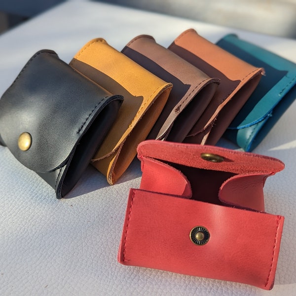 Porte-monnaie en cuir véritable, joli cuir véritable doux, fermeture à boutons-pression, portefeuille de pièces de monnaie en cuir, petite pochette pliante, étui pour écouteurs