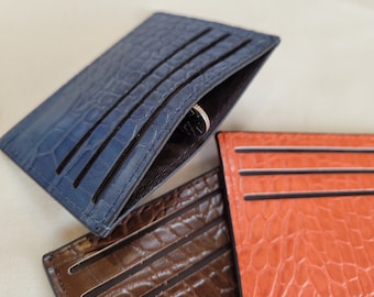 Porte-cartes mince en cuir végétalien, Bleu orange marron, Porte-cartes super mince, Porte-cartes de crédit élégant, Portefeuille minimaliste, Motif croco