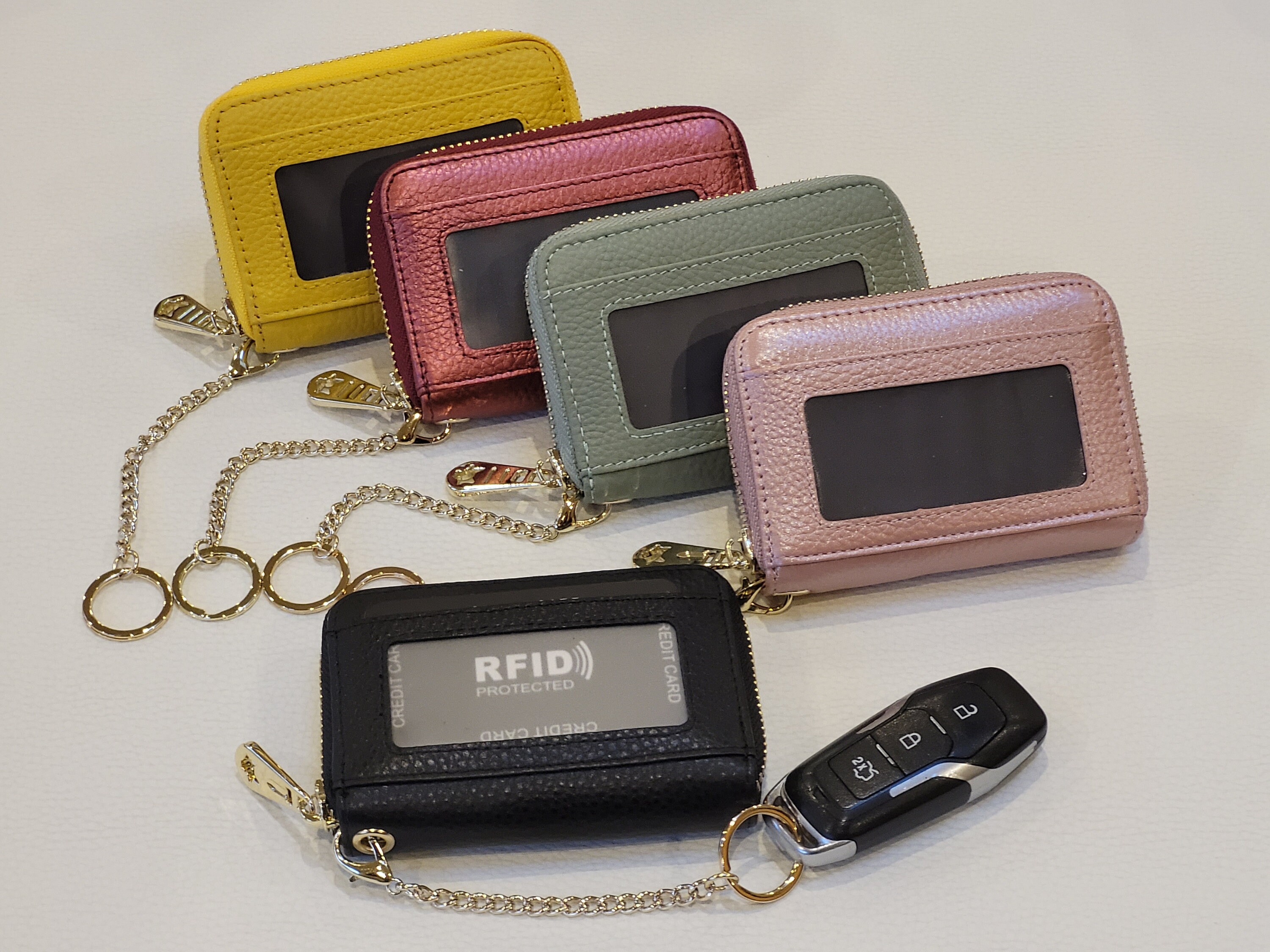 Real Leather RFID Zip Card Holder With Keychain, Zipper