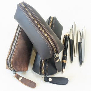 Etui van echt leer, mooi zacht leer, schoolcadeau, echt leren potloodetui, afstudeercadeau, ritssluiting
