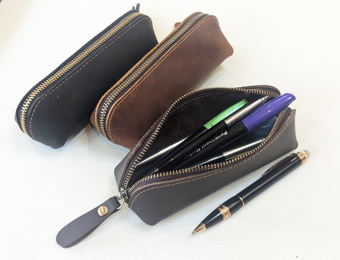 Real Leather Pencil Case, Soft Zip Pouch, School and Office, Graduation ...