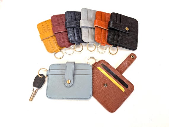 Real Leather Cardholder with Keychain, Slim Leather Wallet, Secure Fastening, Leather Card Holder with Keyring, Multi Colours, Colorful