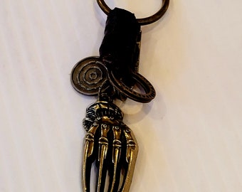 Halloween Gift, Real Leather Skeleton Hand Keychain, Gothic Key Fob