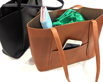 Sac fourre-tout en cuir végétalien, Sac à bandoulière, Grande capacité, 2 couleurs, Poche principale profonde, Sac seau, Sac profond, Sac étudiant, Grand sac shopping,