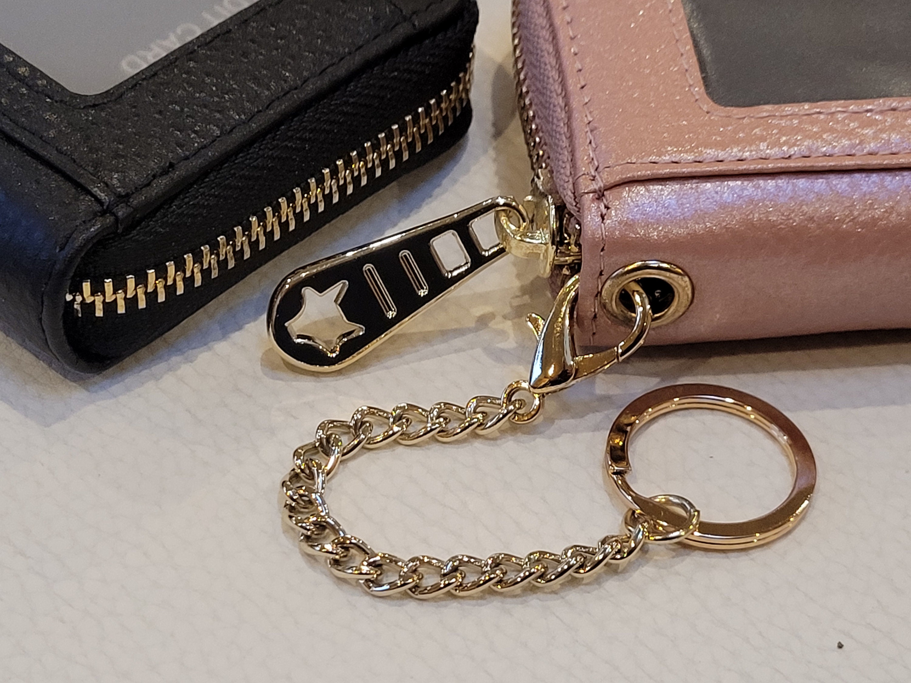 Real Leather RFID Zip Card Holder With Keychain, Zipper