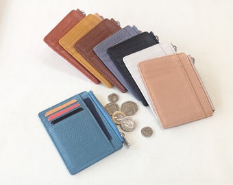 Slim Real Leather Zip Card Holder, Slim Zipper Coin Purse, Genuine Leather Wallet, Secure, Multi Colours