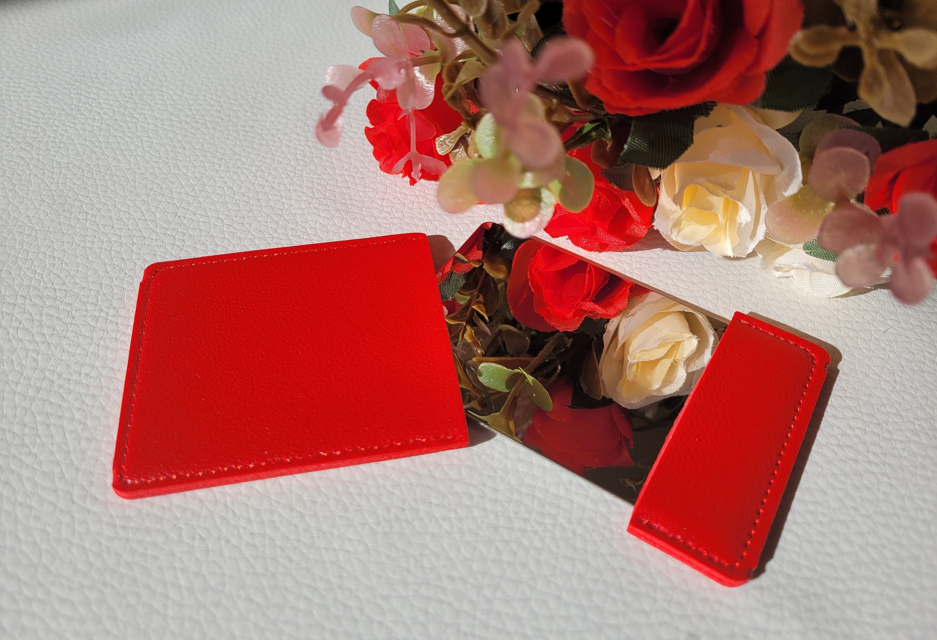 Ultra Thin Pocket Makeup Mirror, Vegan Leather Case, Stainless