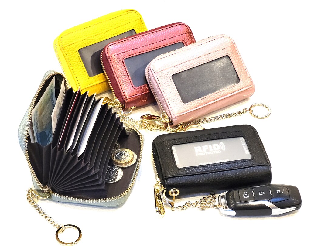 Real Leather RFID Zip Card Holder With Keychain, Zipper Purse