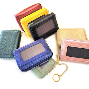 本革 RFID ジップ カード ホルダー キーチェーン付き ジッパー 財布 コンサーティーナ ID カード ウォレット 本革 ウォレット 安全 マルチカラー