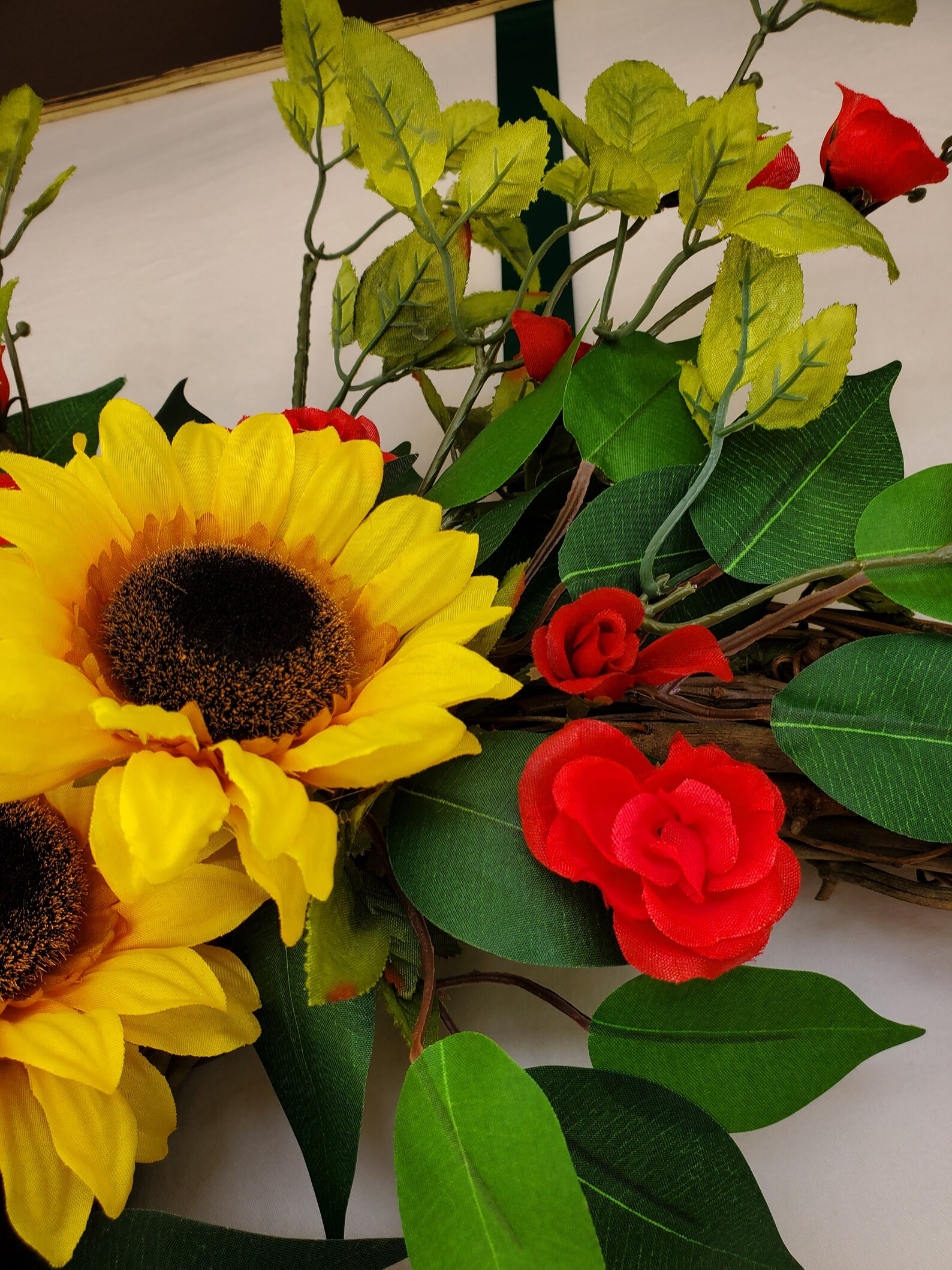 Sunflower and Red Rose Wreath for the Front Door Hanger, Buffalo Plaid
