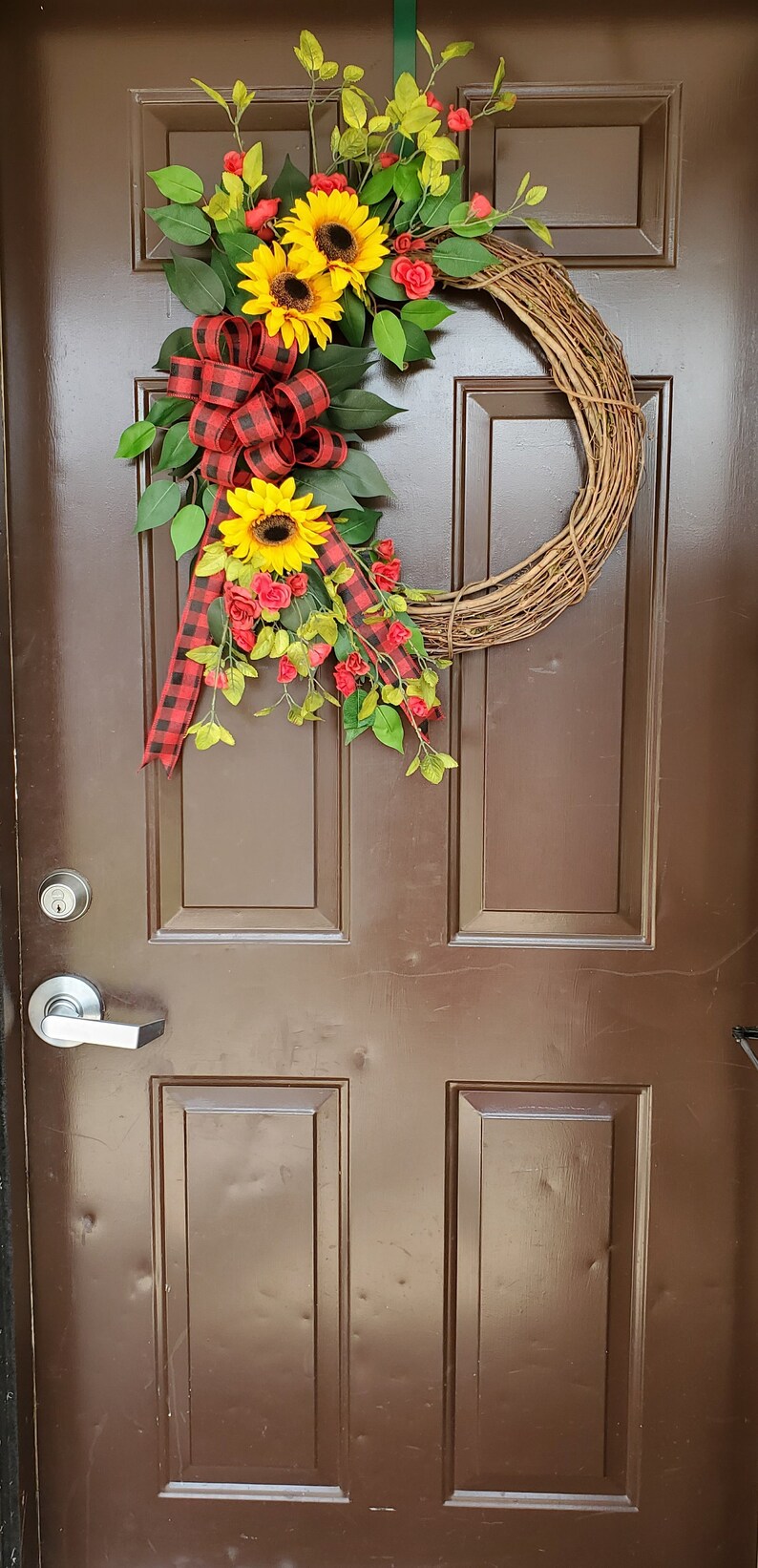 Sunflower and Red Rose Wreath for the Front Door Hanger, Buffalo Plaid