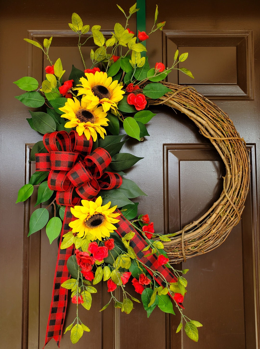 Sunflower and Red Rose Wreath for the Front Door Hanger, Buffalo Plaid