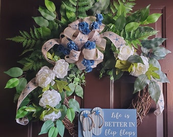 Beach House Flip Flop Wreath for Front Door, Tropical Wreath Wreath for Front Porch, Whimsical Wreath, Hawaiian Wreath, Luau Tiki Wreath,