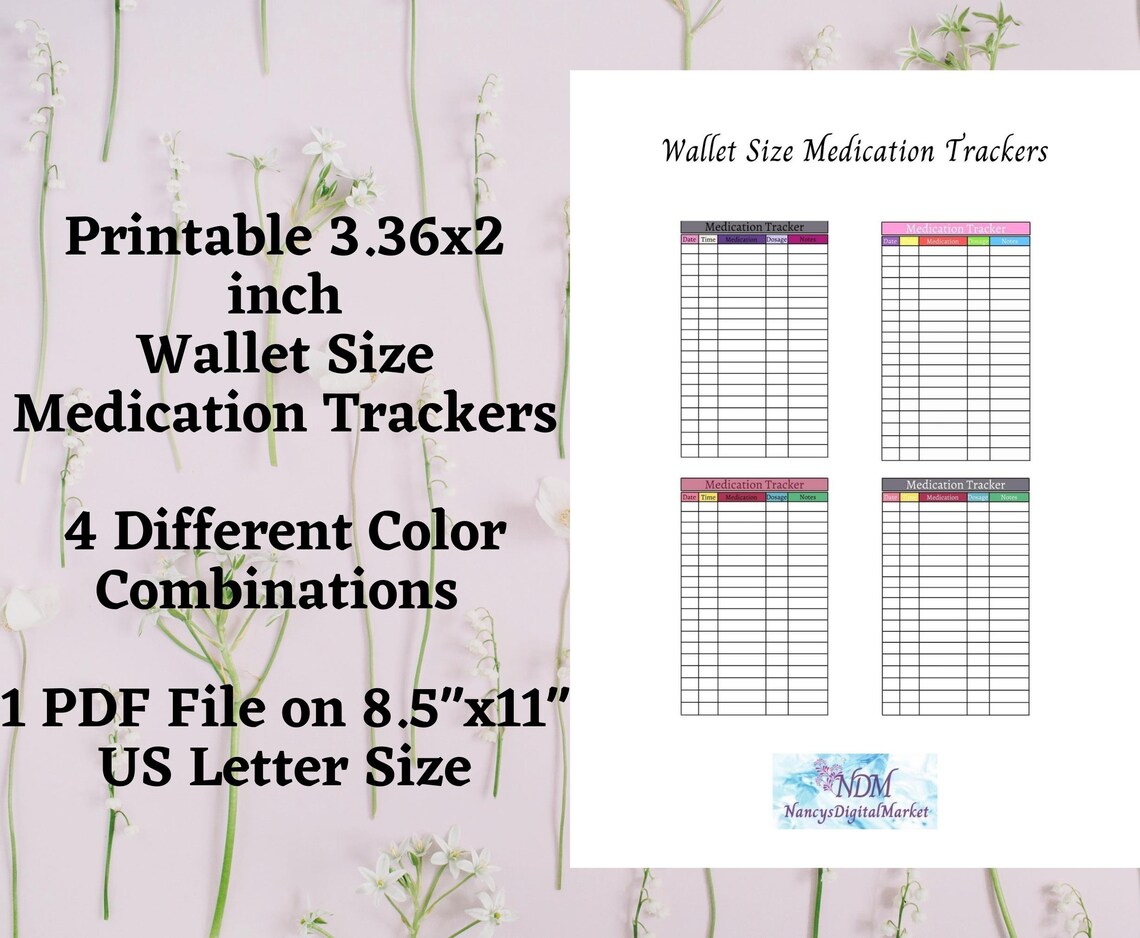 Wallet Size Medication Tracker Digital Printable, 4 Different Color