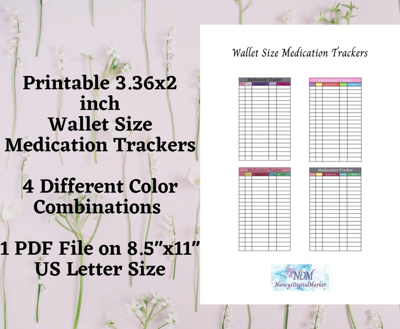 Wallet Size Medication Tracker Digital Printable, 4 Different Color