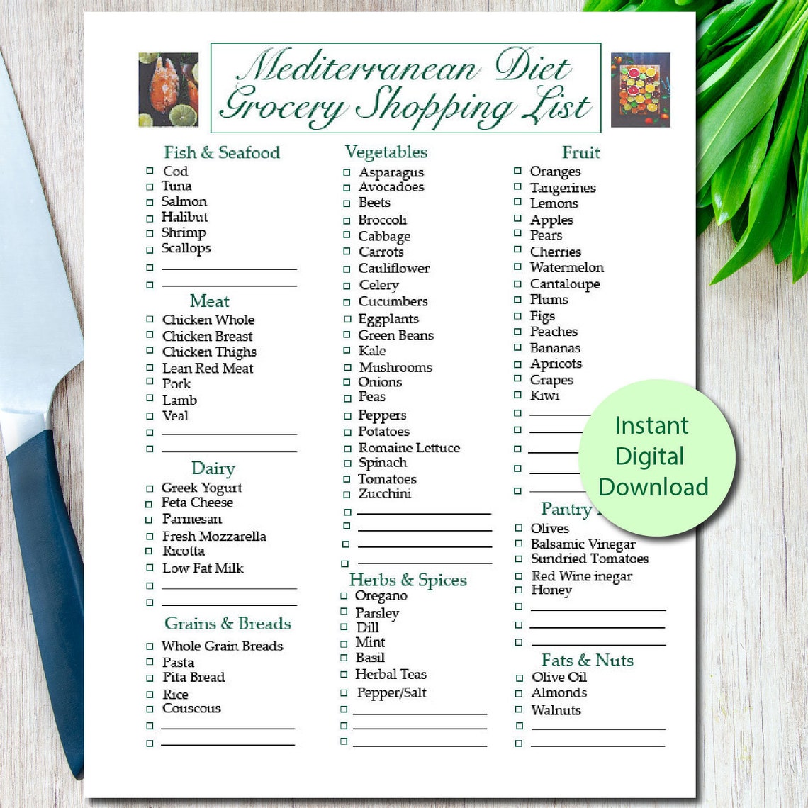 Printable Mediterranean Diet Grocery Shopping List Heart Healthy