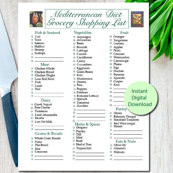 Printable Mediterranean Diet Grocery Shopping List Etsy