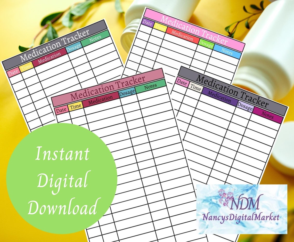 Wallet Size Medication Tracker Digital Printable, 4 Different Color